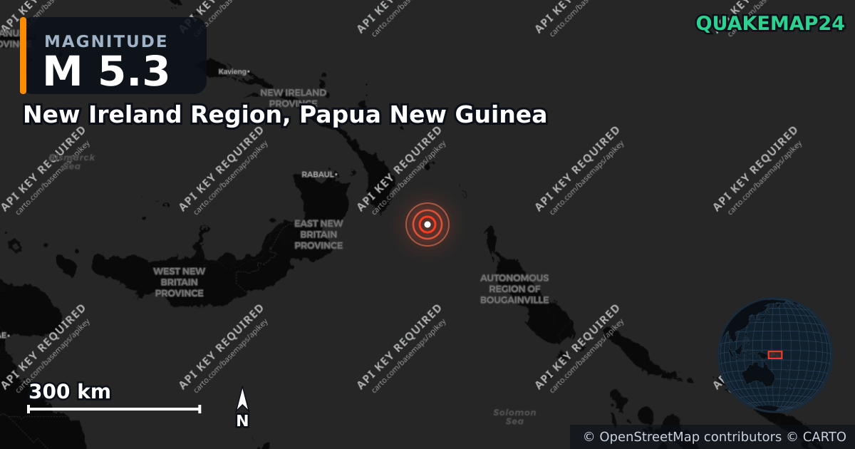 M5.3 earthquake near New Ireland Region, Papua New Guinea on Apr 13, 2026 — map of epicenter and shaking intensity | QuakeMap24