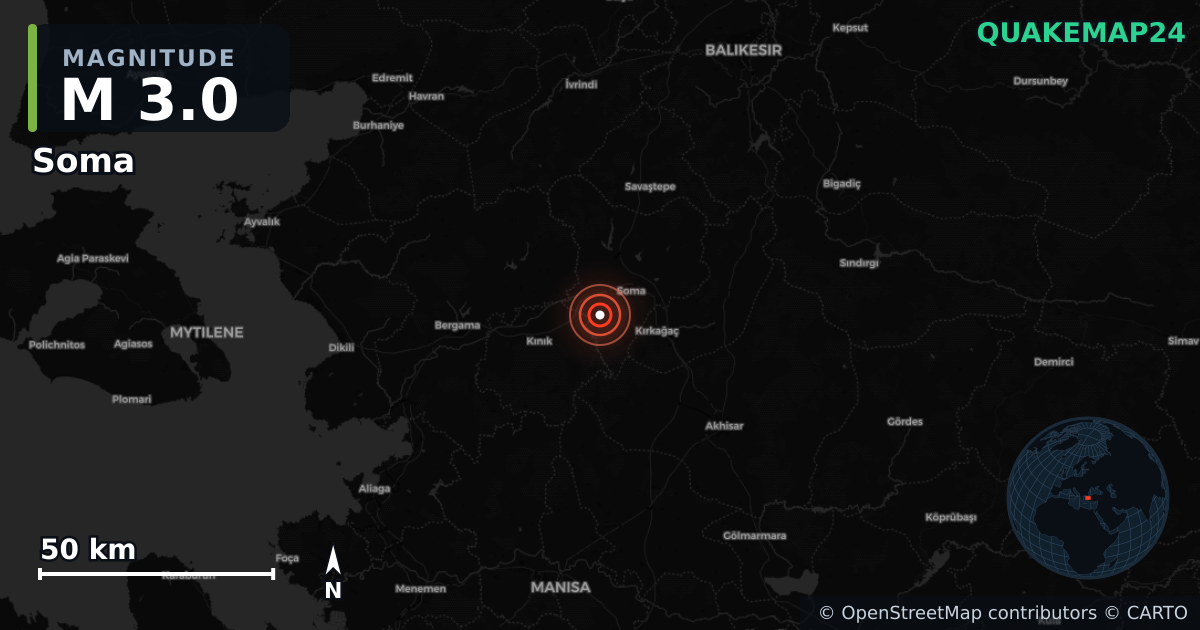 M3.0 earthquake near Soma on Oct 9, 2025 — map of epicenter and shaking intensity | QuakeMap24