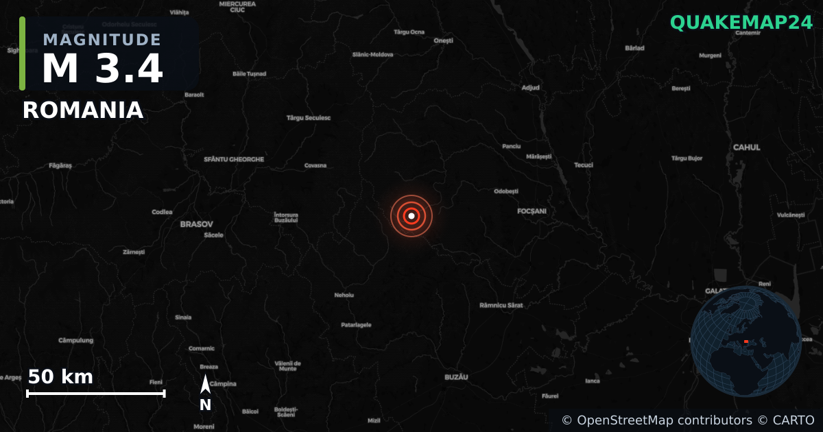 M3.4 earthquake near ROMANIA on Nov 18, 2025 — map of epicenter and shaking intensity | QuakeMap24