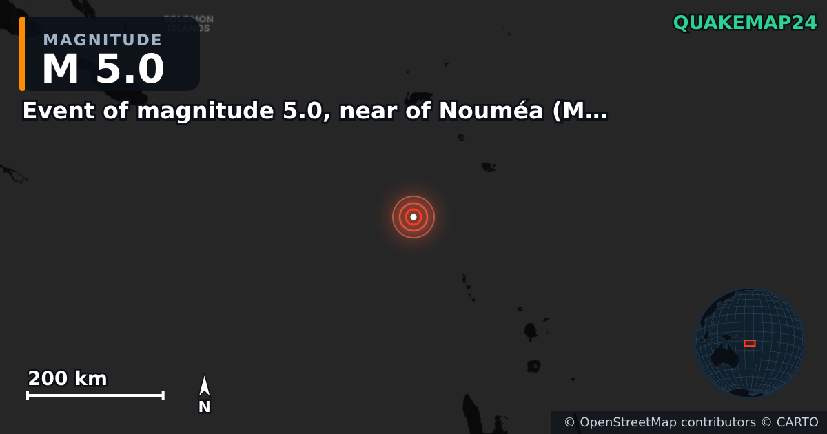 M5.0 earthquake near Event of magnitude 5.0, near of Nouméa (Monde) on Aug 30, 2025 — map of epicenter and shaking intensity | QuakeMap24