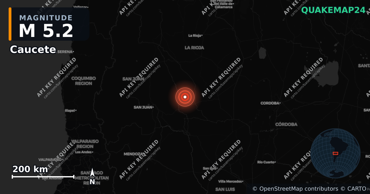 M5.2 earthquake near Caucete on Jan 8, 2026 — map of epicenter and shaking intensity | QuakeMap24