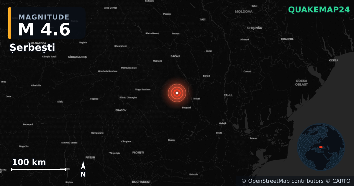 M4.6 earthquake near Șerbești on Feb 26, 2026 — map of epicenter and shaking intensity | QuakeMap24