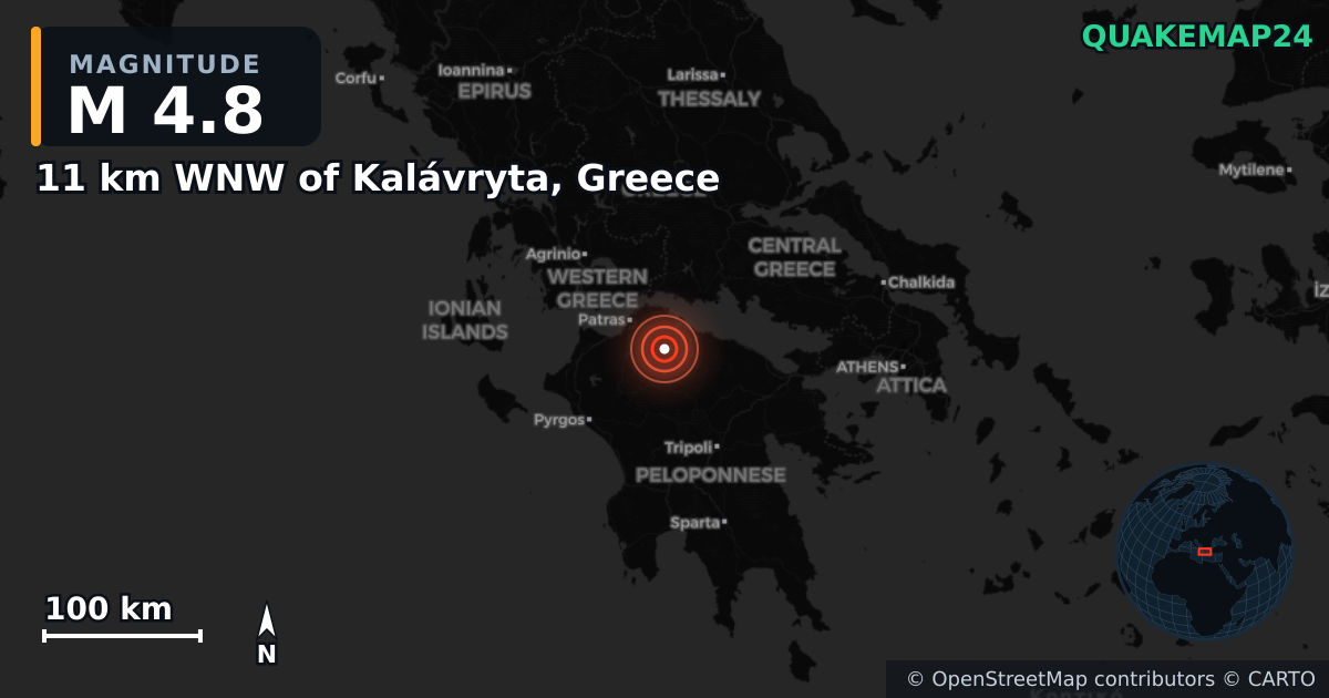 M4.8 earthquake near 11 km WNW of Kalávryta, Greece on Apr 6, 2025 — map of epicenter and shaking intensity | QuakeMap24