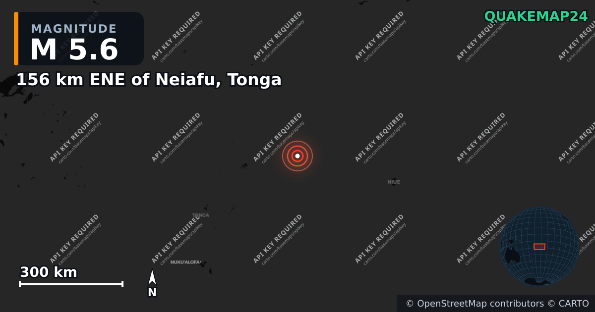 M5.6 earthquake near 156 km ENE of Neiafu, Tonga on Aug 14, 2025 — map of epicenter and shaking intensity | QuakeMap24