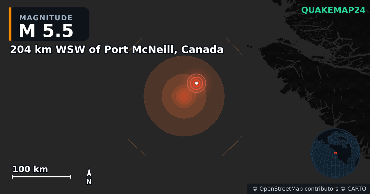 Séisme de M5,5 près de 204 km WSW of Port McNeill, Canada · 2026-09-28 — Carte de localisation de l’épicentre