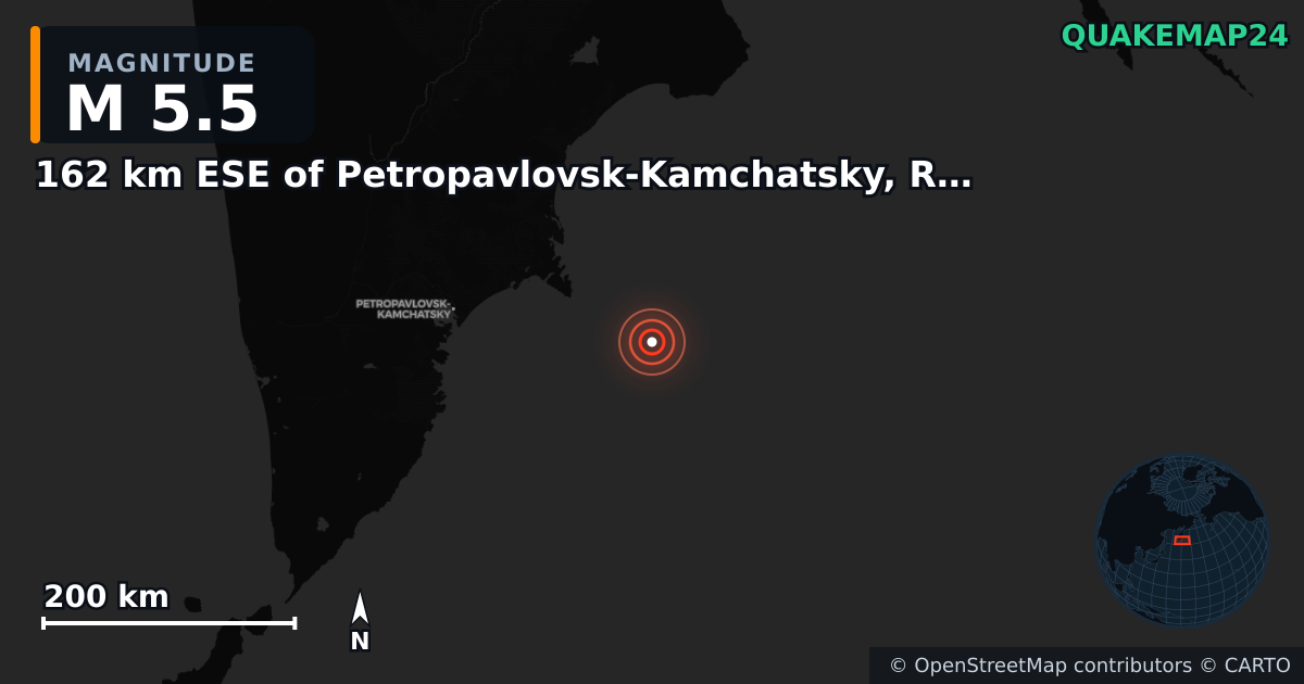 M5.5 earthquake near 162 km ESE of Petropavlovsk-Kamchatsky, Russia on Jan 10, 2026 — map of epicenter and shaking intensity | QuakeMap24