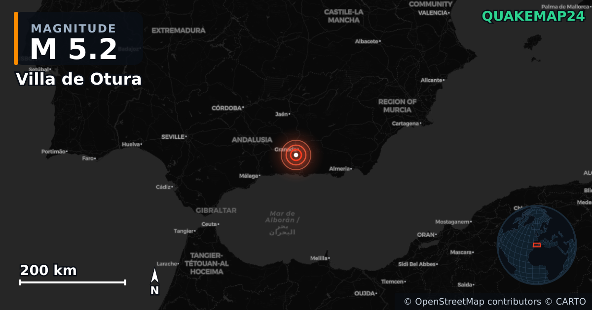 M5.2 earthquake near Villa de Otura on Aug 14, 2026 — map of epicenter and shaking intensity | QuakeMap24