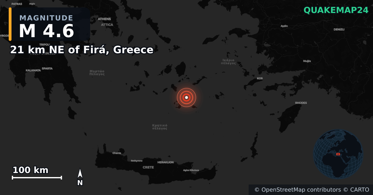 M4.6 earthquake near 21 km NE of Firá, Greece on Feb 4, 2025 — map of epicenter and shaking intensity | QuakeMap24