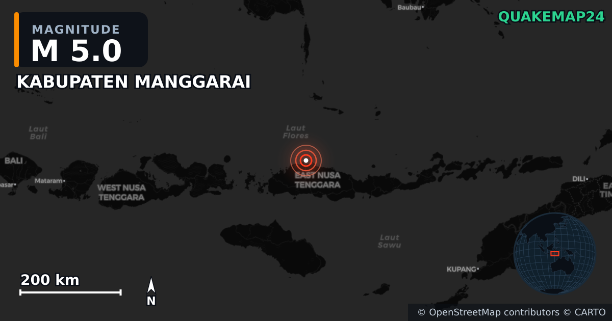 M5.1 earthquake near East Nusa Tenggara on Aug 20, 2026 — map of epicenter and shaking intensity | QuakeMap24