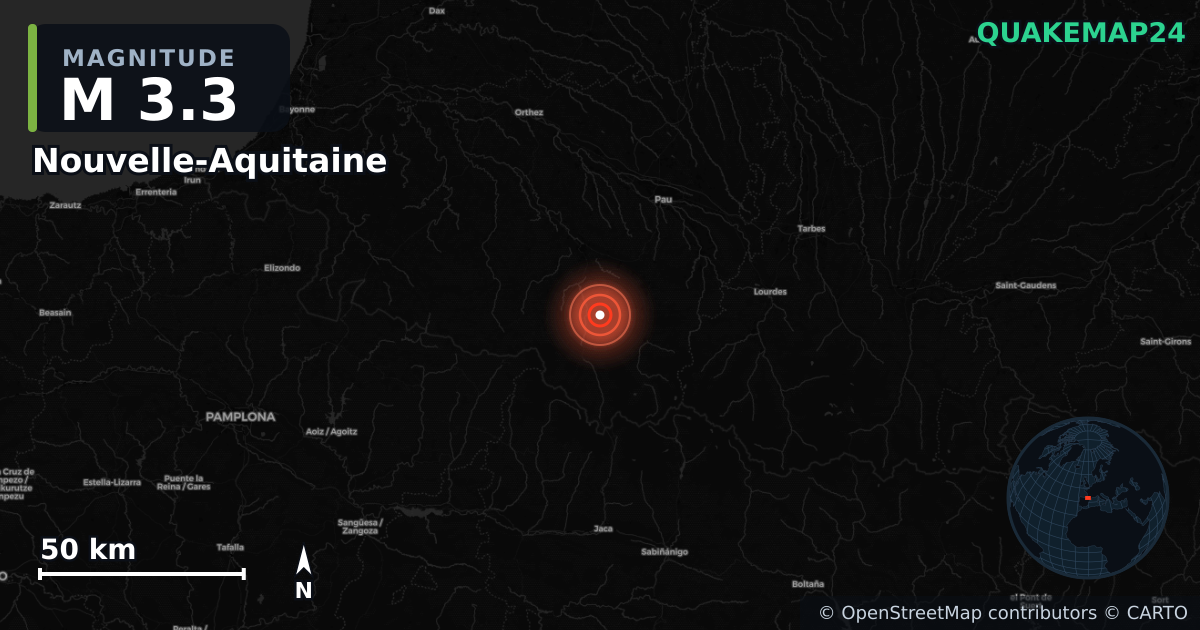 M3.3 earthquake near Nouvelle-Aquitaine on Sep 6, 2025 — map of epicenter and shaking intensity | QuakeMap24