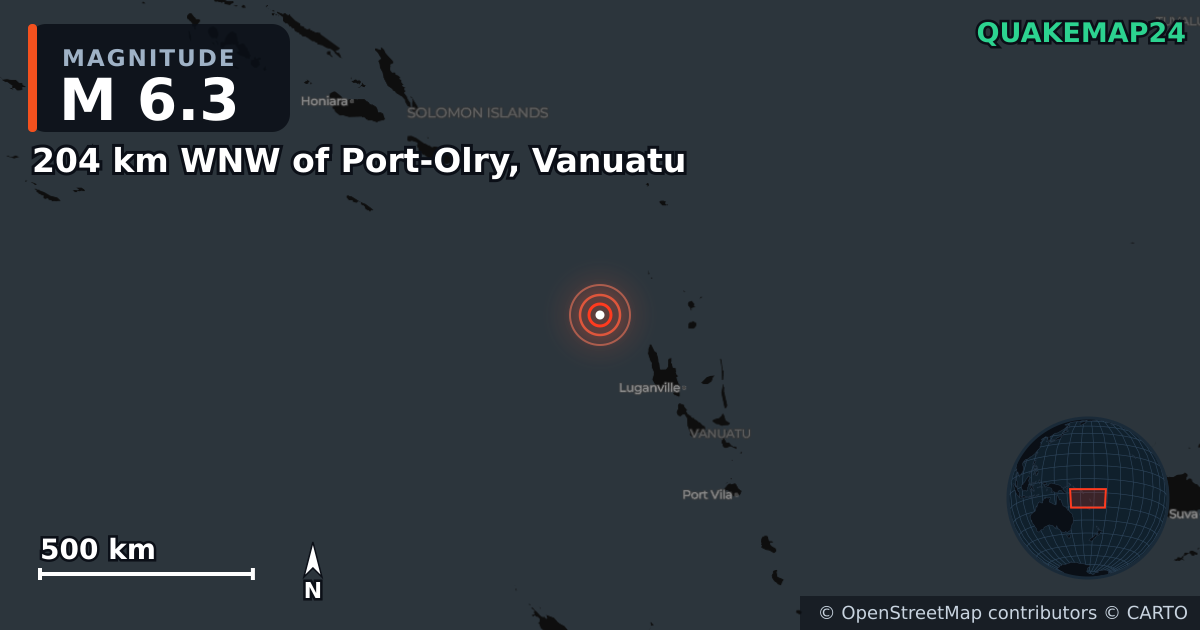 Erdbeben M6,3 bei 204 km WNW of Port-Olry, Vanuatu · 2026-10-20 — Karte der Lage des Epizentrums