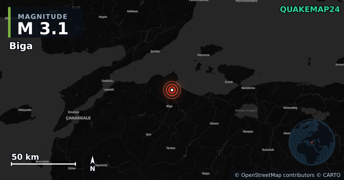M3.1 earthquake near Biga on Aug 27, 2025 — map of epicenter and shaking intensity | QuakeMap24