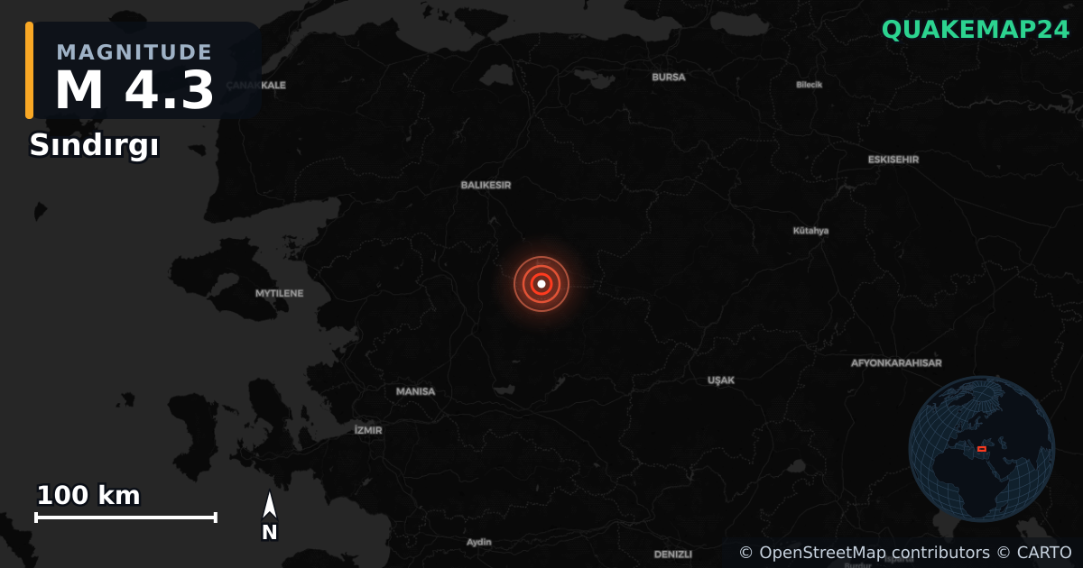 M4.3 earthquake near Sındırgı on Aug 27, 2025 — map of epicenter and shaking intensity | QuakeMap24