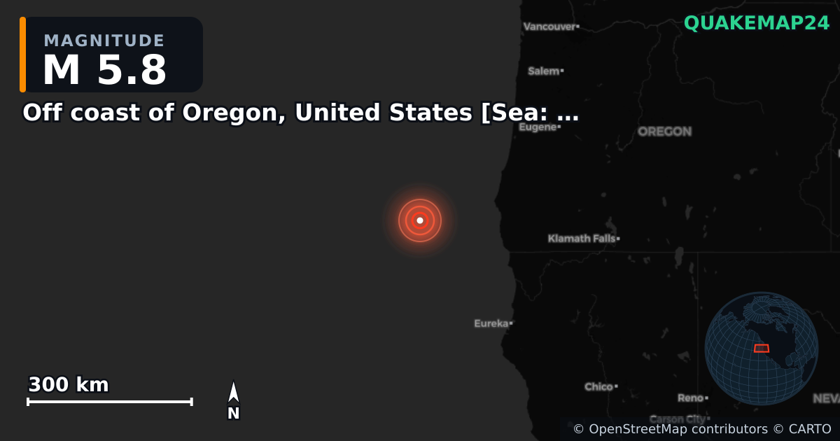 M5.8 earthquake near Off coast of Oregon, United States [Sea: United States] on Sep 9, 2025 — map of epicenter and shaking intensity | QuakeMap24