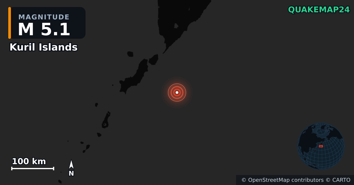 M5.1 earthquake near Kuril Islands on Aug 3, 2025 — map of epicenter and shaking intensity | QuakeMap24