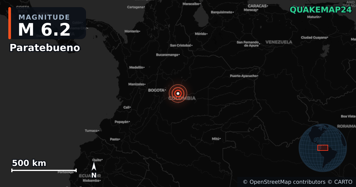 M6.2 earthquake near Paratebueno on Jun 8, 2025 — map of epicenter and shaking intensity | QuakeMap24