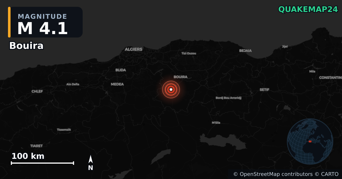 M4.1 earthquake near Bouira on Jun 5, 2025 — map of epicenter and shaking intensity | QuakeMap24