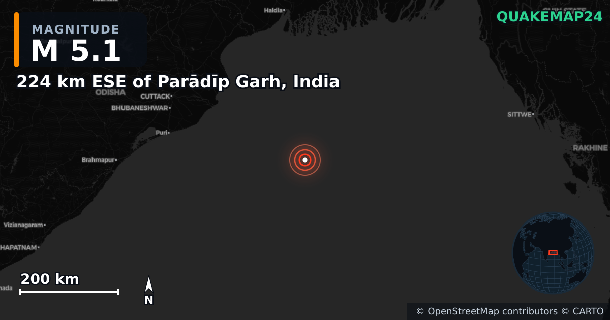 224 km ESE of Parādīp Garh, India yakınında M5,1 deprem — Deprem merkez üssünün konumunu gösteren harita