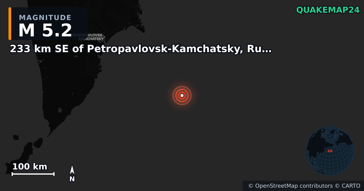 M5.2 earthquake near 233 km SE of Petropavlovsk-Kamchatsky, Russia on Aug 7, 2025 — map of epicenter and shaking intensity | QuakeMap24