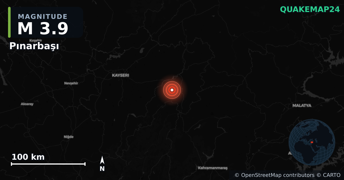 M3.9 earthquake near Pınarbaşı on Mar 2, 2026 — map of epicenter and shaking intensity | QuakeMap24