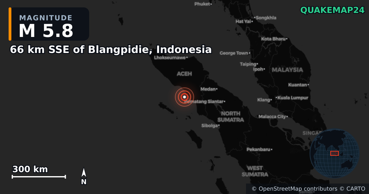 M5.8 earthquake near 66 km SSE of Blangpidie, Indonesia on Jan 31, 2025 — map of epicenter and shaking intensity | QuakeMap24