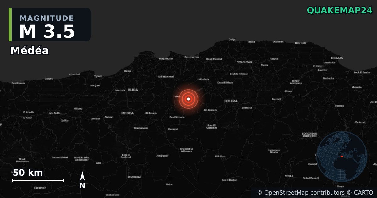 M3.5 earthquake near Médéa on Oct 25, 2025 — map of epicenter and shaking intensity | QuakeMap24