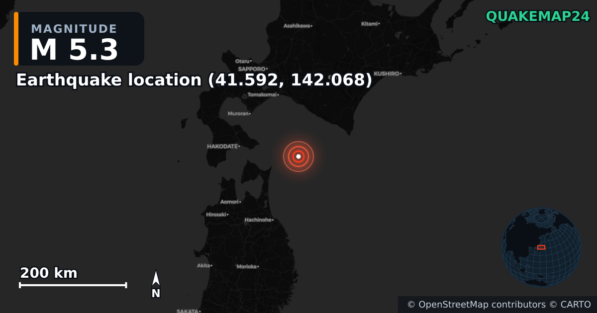 M5.3 earthquake near Deprem konumu (41.592, 142.068) on May 12, 2025 — map of epicenter and shaking intensity | QuakeMap24