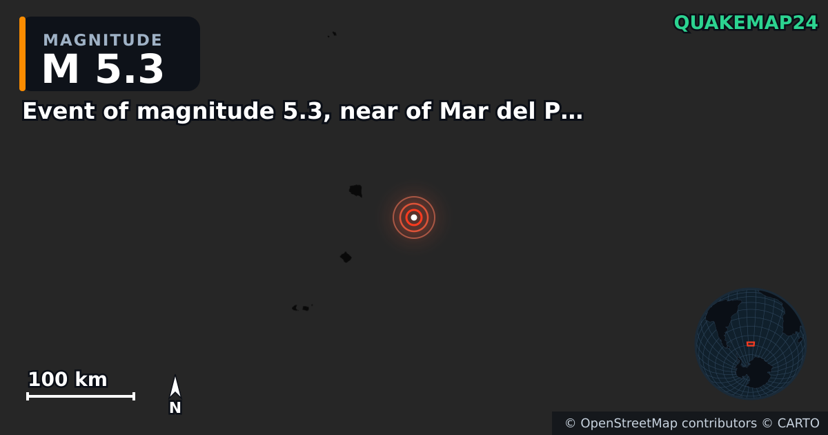 M5.3 earthquake near Event of magnitude 5.3, near of Mar del Plata (Monde) on Dec 17, 2025 — map of epicenter and shaking intensity | QuakeMap24