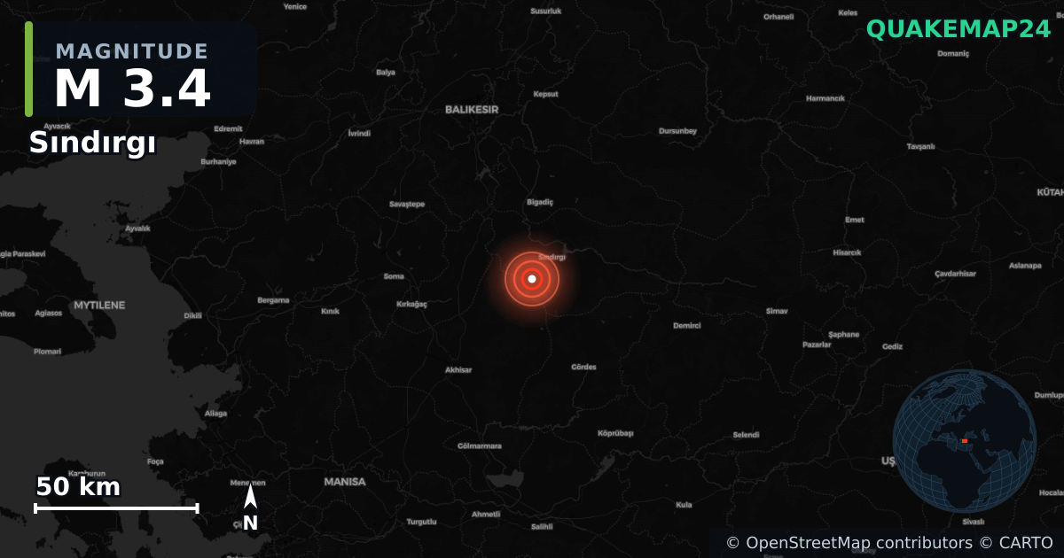 M3.4 earthquake near Sındırgı on Nov 1, 2025 — map of epicenter and shaking intensity | QuakeMap24