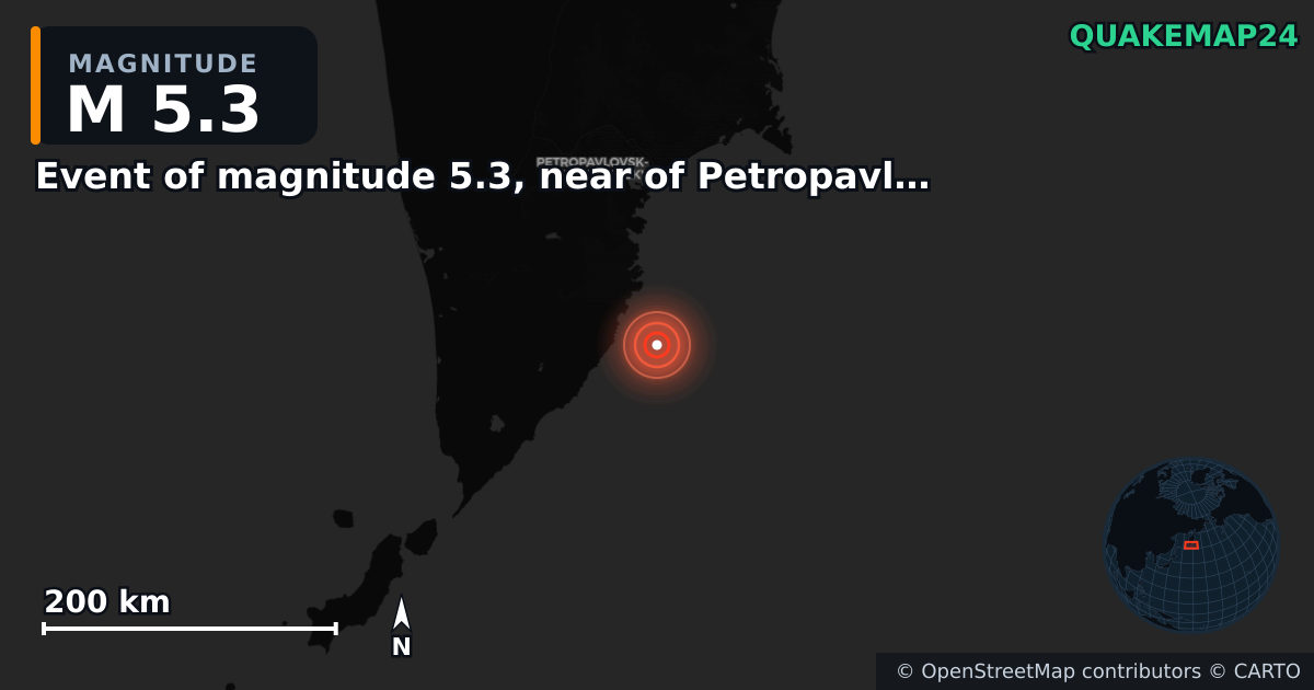 M5.3 earthquake near Event of magnitude 5.3, near of Petropavlovsk Kamchatskiy (Monde) on Sep 30, 2025 — map of epicenter and shaking intensity | QuakeMap24