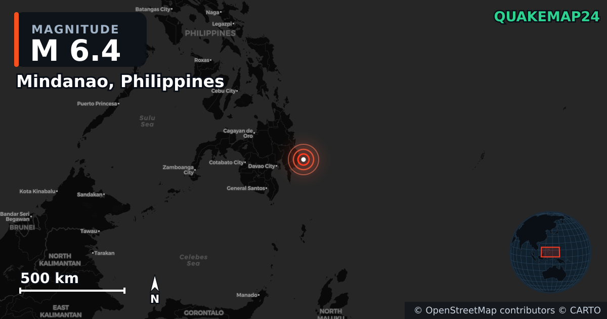 M6.4 earthquake near Mindanao, Philippines on Jan 7, 2026 — map of epicenter and shaking intensity | QuakeMap24