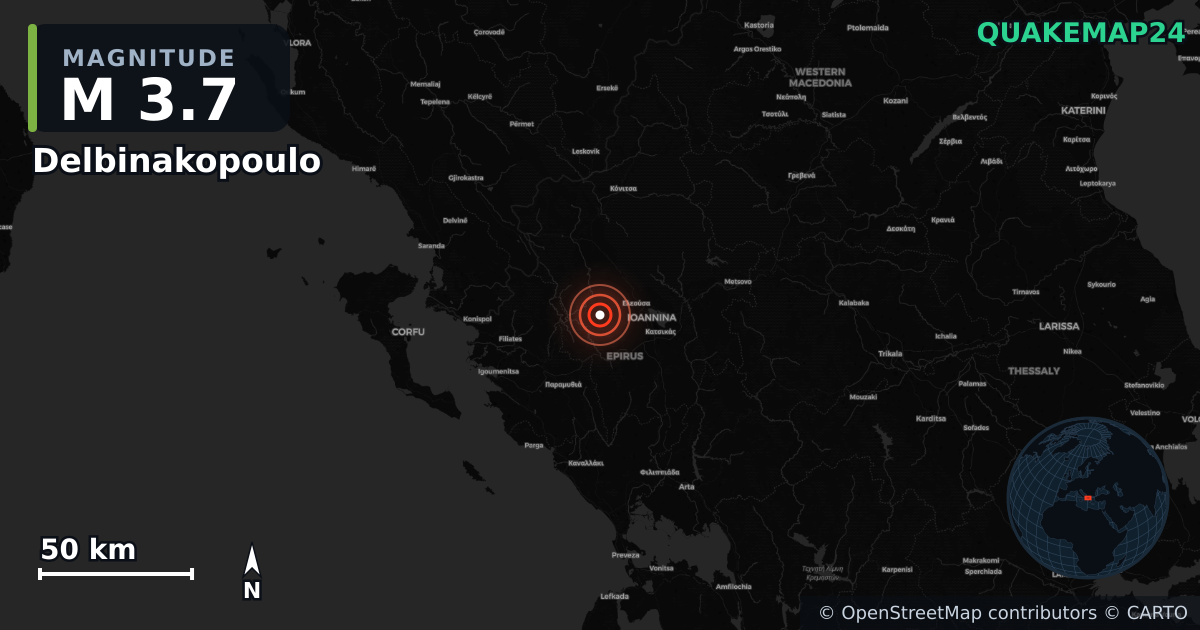 M3.7 earthquake near Delbinakopoulo on Apr 24, 2026 — map of epicenter and shaking intensity | QuakeMap24