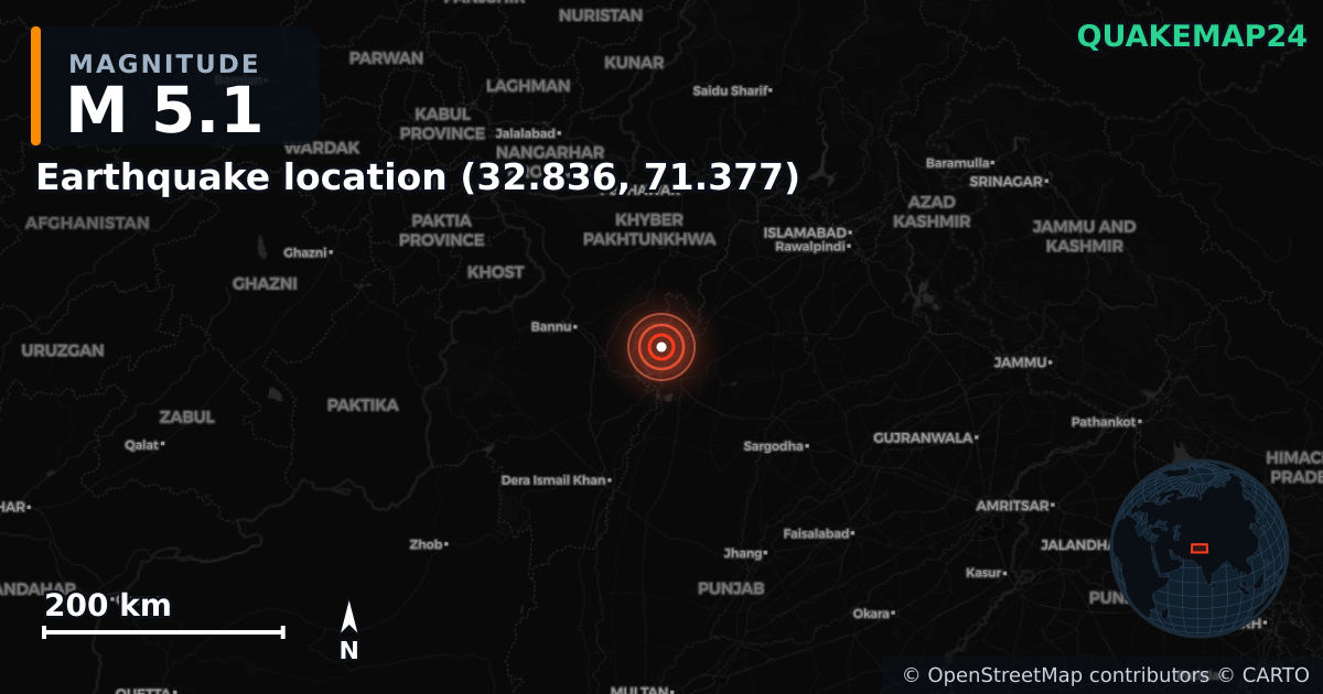 M5.1 earthquake near Earthquake location (32.836, 71.377) on Aug 31, 2025 — map of epicenter and shaking intensity | QuakeMap24