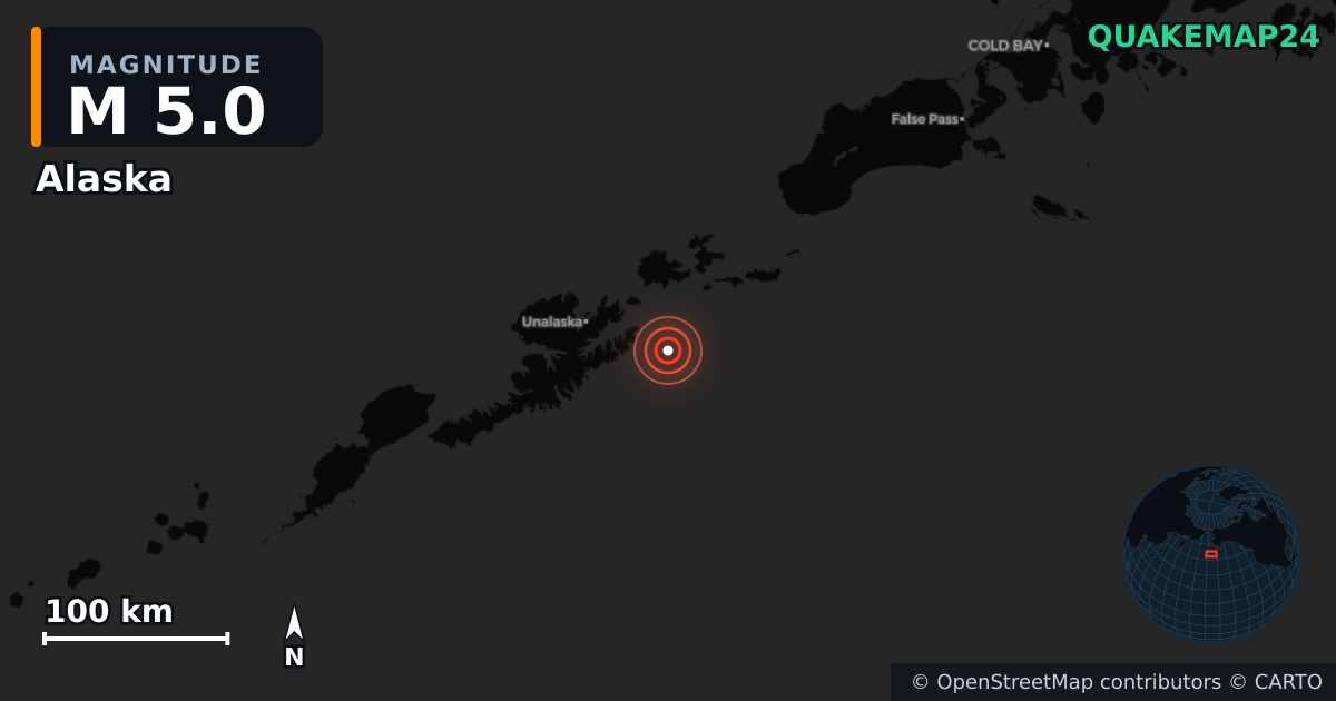 M5.0 earthquake near Alaska on Oct 17, 2025 — map of epicenter and shaking intensity | QuakeMap24