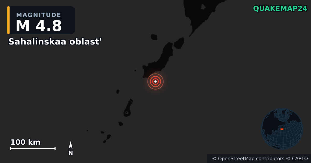 M4.8 earthquake near Sahalinskaa oblast' on Jul 31, 2025 — map of epicenter and shaking intensity | QuakeMap24