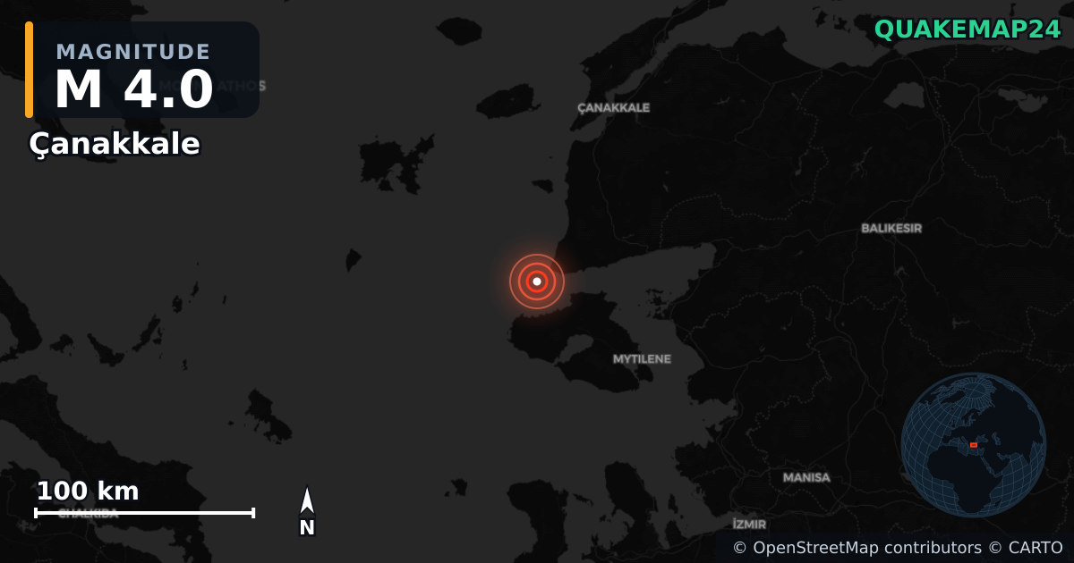 M4.0 earthquake near Çanakkale on Jan 6, 2026 — map of epicenter and shaking intensity | QuakeMap24