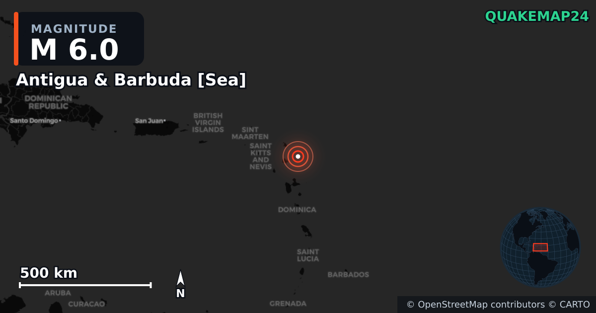 M6.0 Earthquake near Antigua & Barbuda [Sea] · 2026-05-16 — Map showing the location of the epicenter
