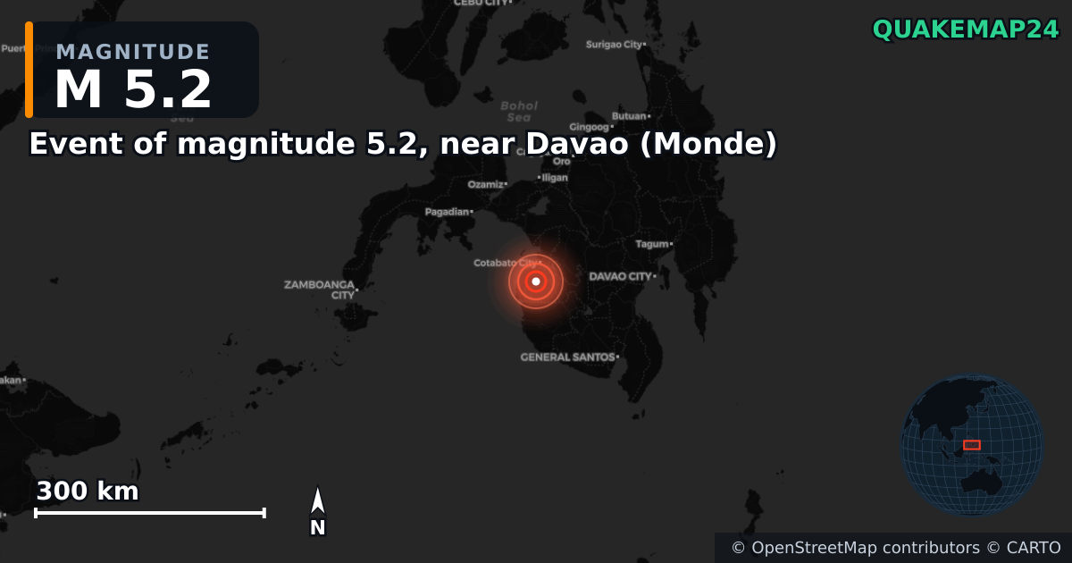 Sismo de M5,2 perto de Event of magnitude 5.2, near Davao (Monde) — Mapa da localização do epicentro