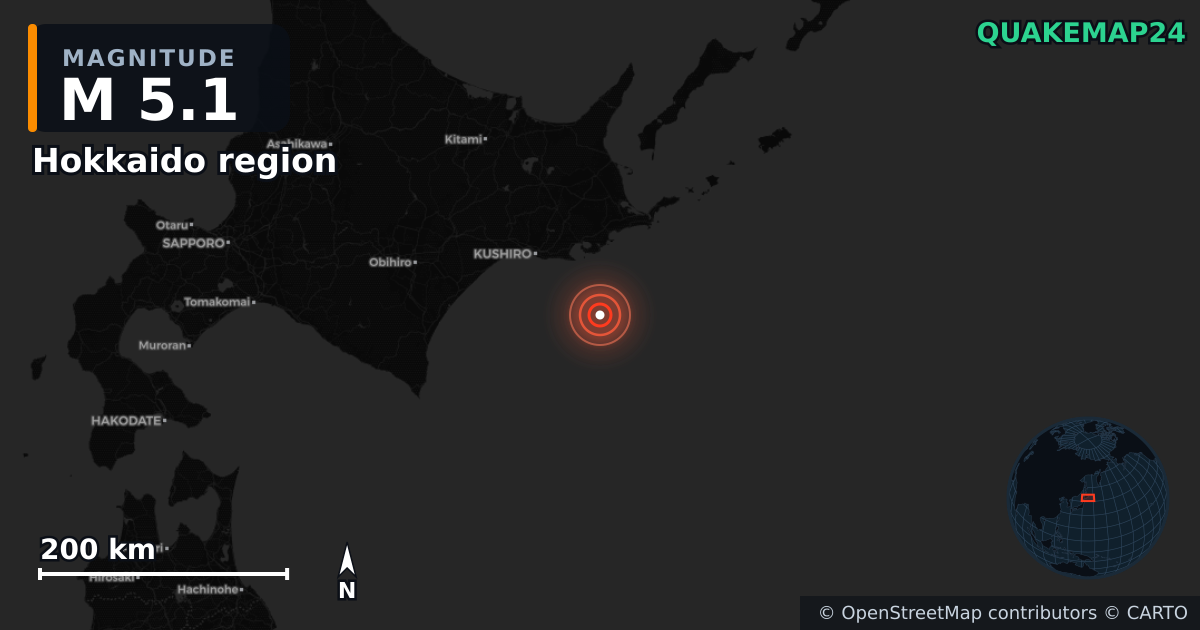 M5.1 earthquake near Hokkaido region on Jan 18, 2026 — map of epicenter and shaking intensity | QuakeMap24