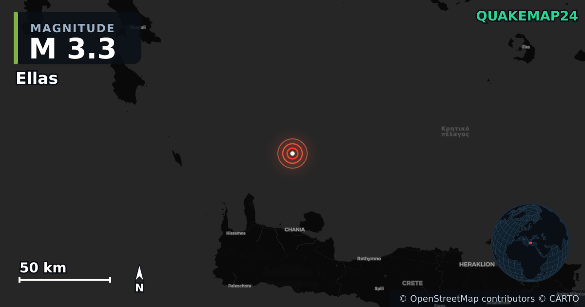 M3.3 earthquake near Ellas on Jun 12, 2026 — map of epicenter and shaking intensity | QuakeMap24