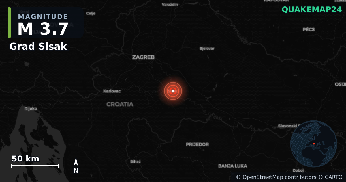M3.7 earthquake near Grad Sisak on Mar 3, 2026 — map of epicenter and shaking intensity | QuakeMap24