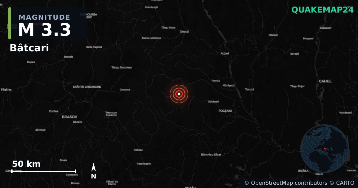 M3.3 earthquake near Bâtcari on Jul 26, 2026 — map of epicenter and shaking intensity | QuakeMap24