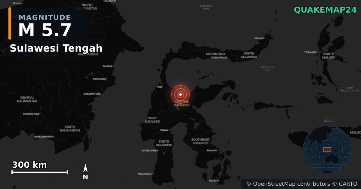 M5.7 earthquake near Sulawesi Tengah on Aug 16, 2025 — map of epicenter and shaking intensity | QuakeMap24