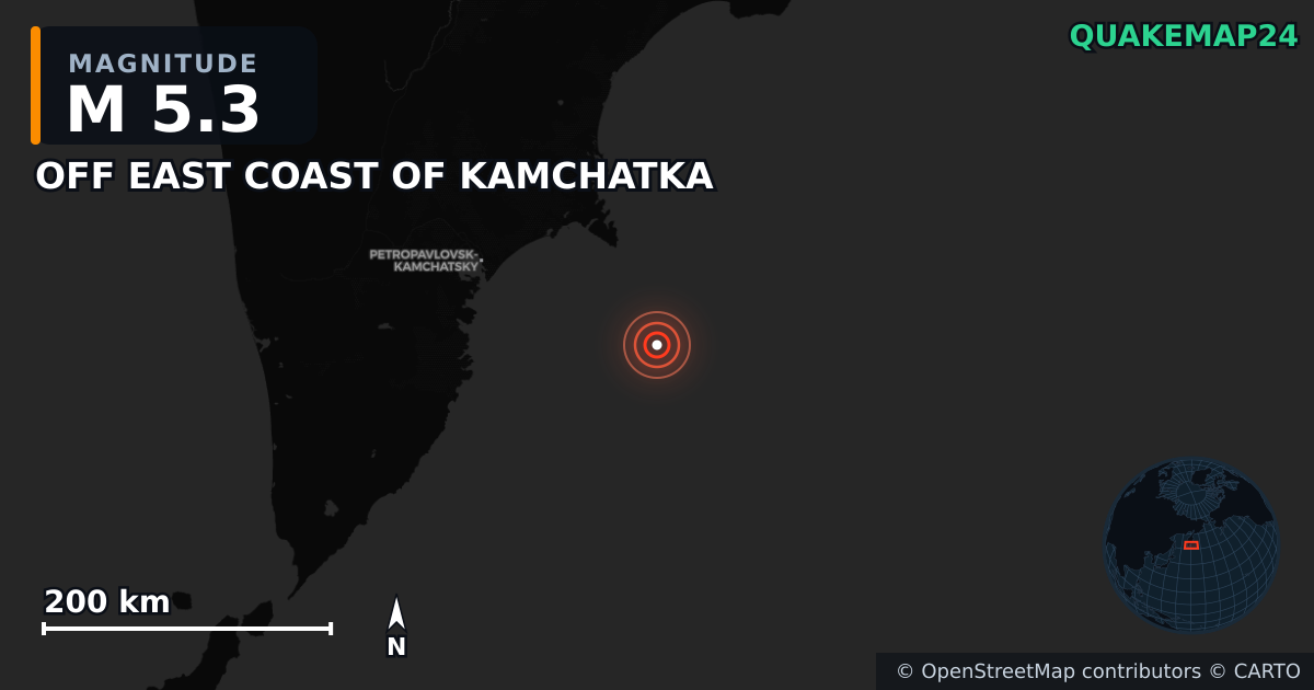 OFF EAST COAST OF KAMCHATKA yakınında M5,3 deprem — Deprem merkez üssünün konumunu gösteren harita