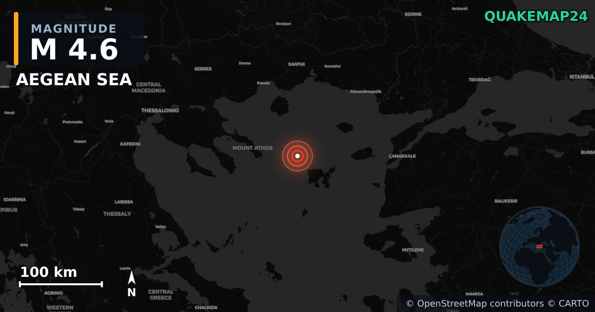 M4.6 earthquake near AEGEAN SEA on Jun 5, 2025 — map of epicenter and shaking intensity | QuakeMap24