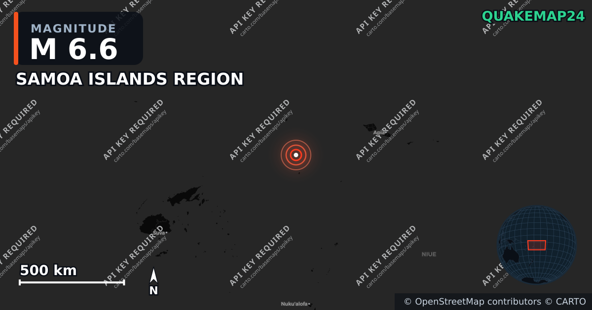 M6.6 earthquake near SAMOA ISLANDS REGION on Jul 24, 2025 — map of epicenter and shaking intensity | QuakeMap24