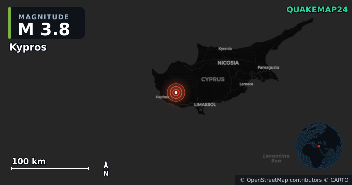M3.8 earthquake near Kypros on Nov 13, 2025 — map of epicenter and shaking intensity | QuakeMap24