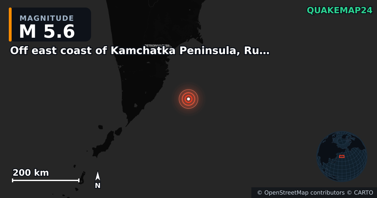 M5.6 earthquake near Off east coast of Kamchatka Peninsula, Russia [Sea: Russia] on Sep 11, 2025 — map of epicenter and shaking intensity | QuakeMap24