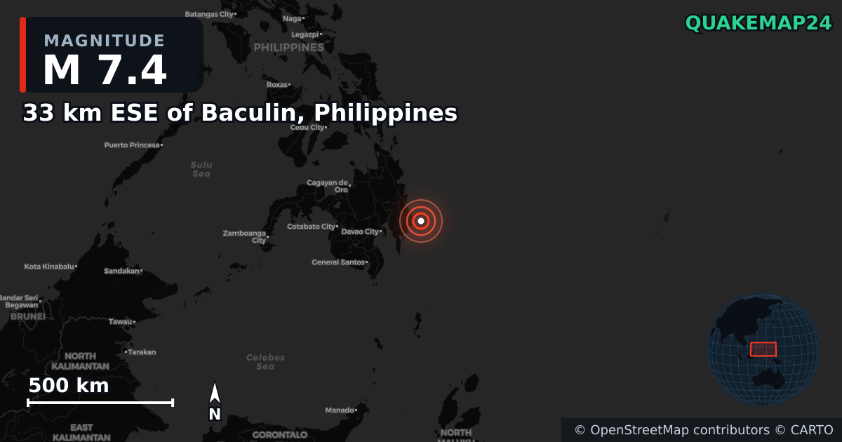 M7.4 earthquake near 33 km ESE of Baculin, Philippines on Oct 10, 2025 — map of epicenter and shaking intensity | QuakeMap24