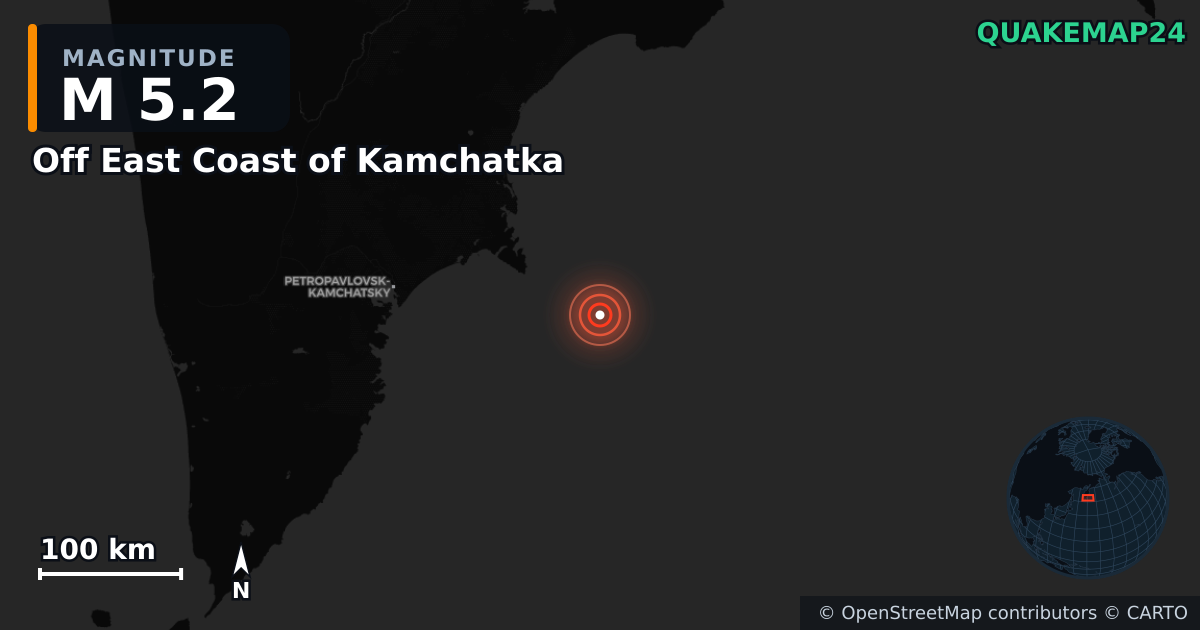 M5.2 earthquake near Off East Coast of Kamchatka on Jan 10, 2026 — map of epicenter and shaking intensity | QuakeMap24